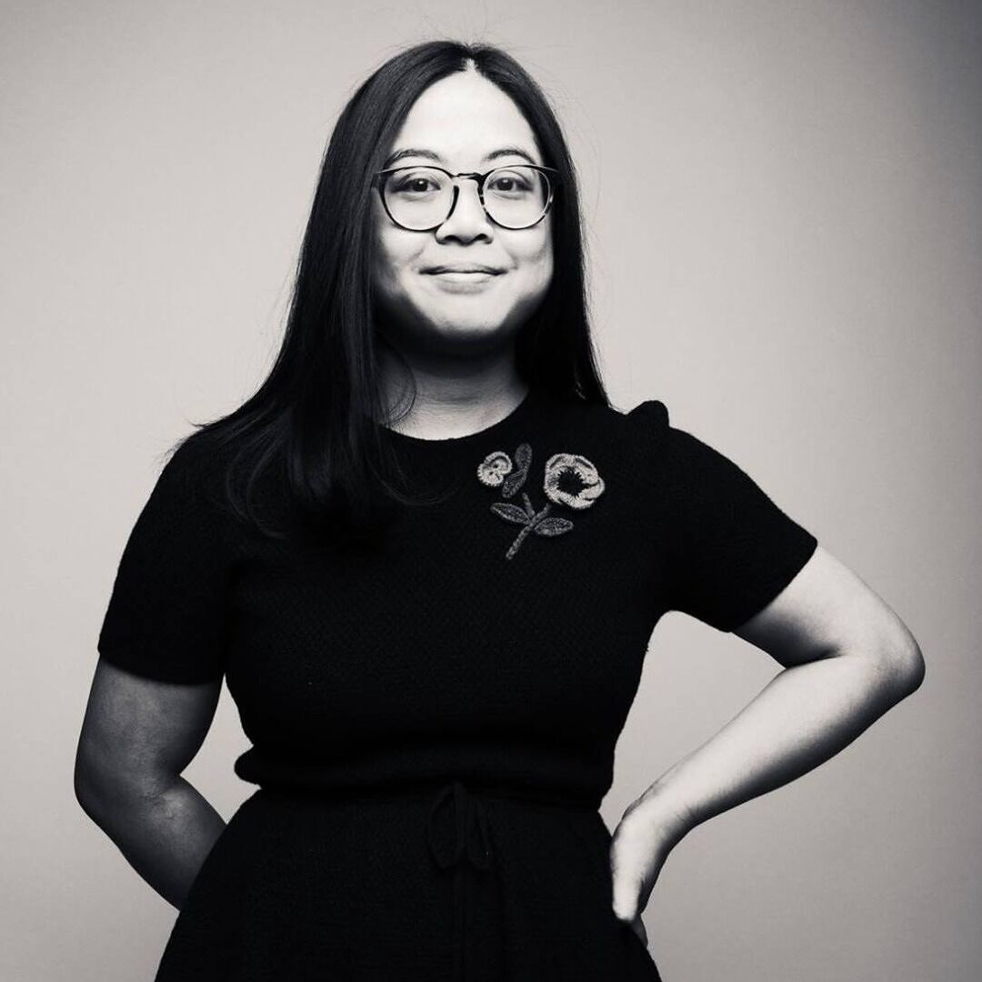 Black-and-white portrait of Kate Gavino